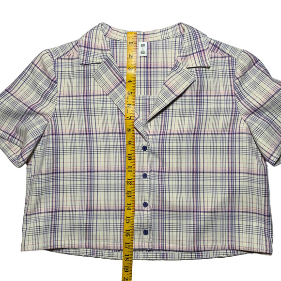BP. | Women | Purple Ivory Veronika Plaid Crop Camp Button Front Top | Small - Picture 6 of 9